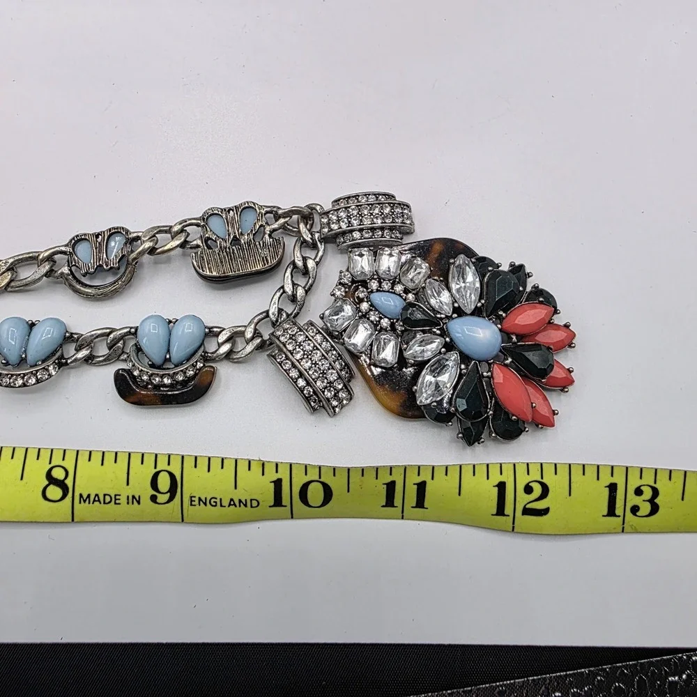 Antique Silver‎ Statement Necklace Link Chain Lobster Multicolor Rhinestone 25